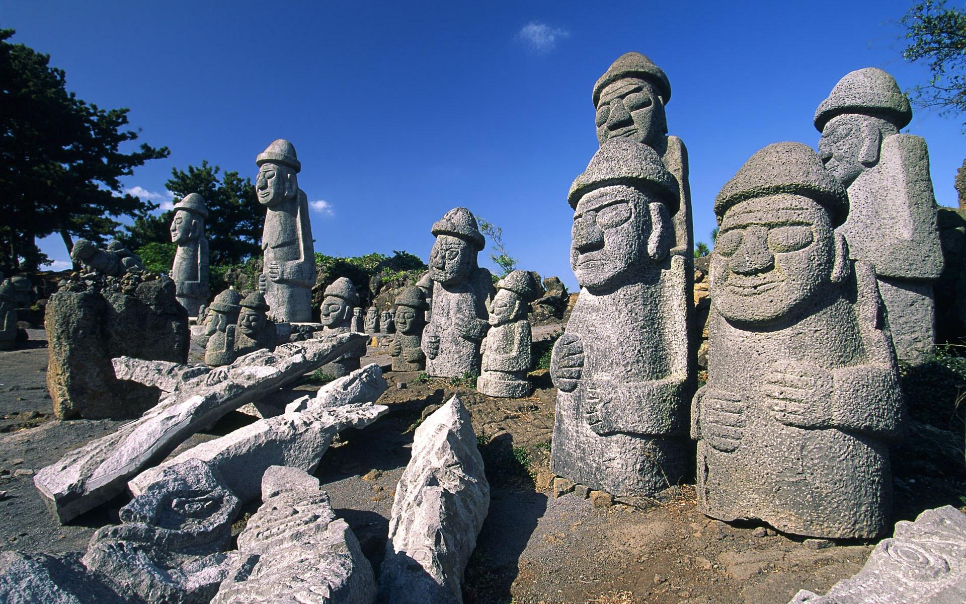 Dol Hareubang statues around the Jeju Island